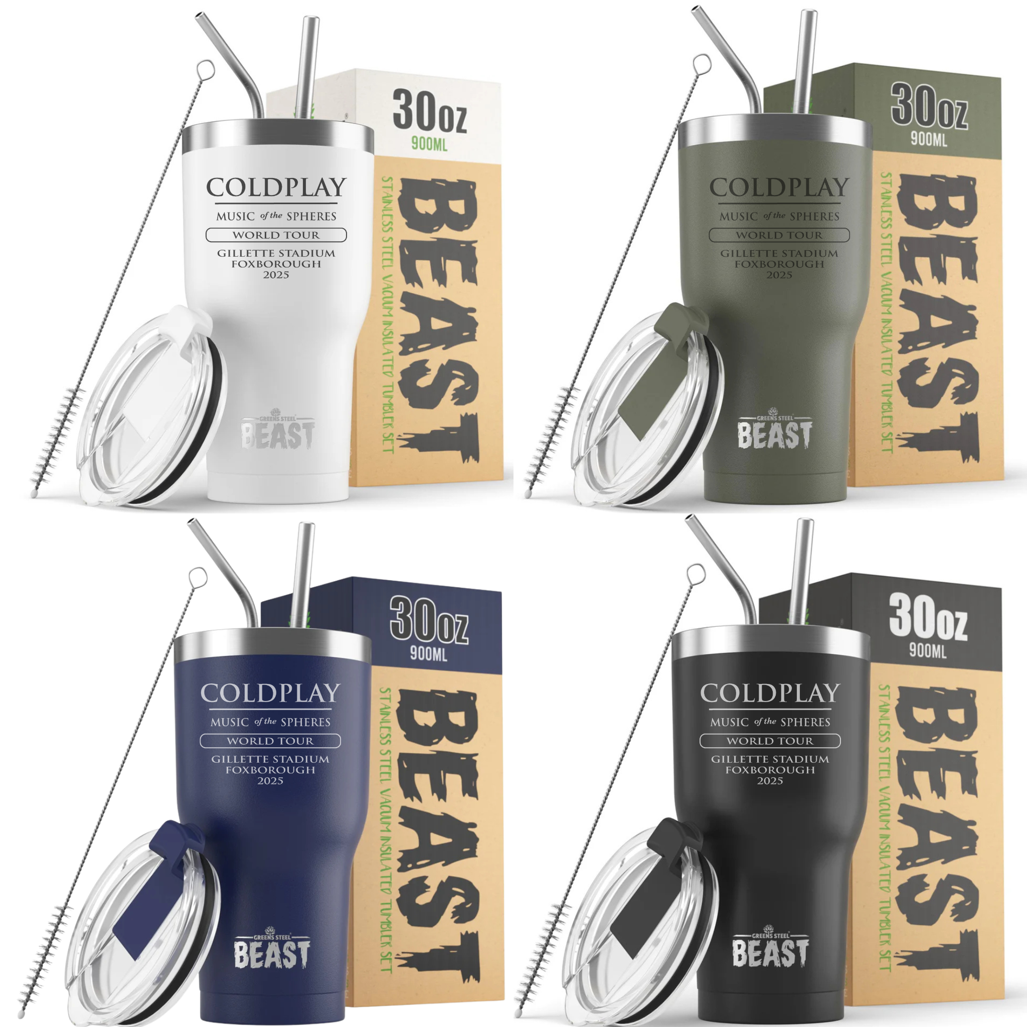 Four tumblers with 'Coldplay' and 'Beast' branding on a white background